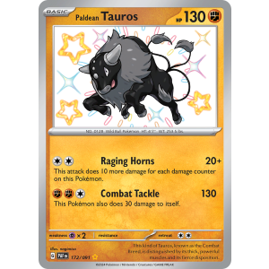 Shiny Rare Paldean Tauros 172/91 Pokemon TCG Scarlet & Violet Paldean Fates