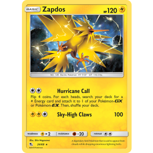 Rare Holo Zapdos 24/68 Pokemon TCG Sun & Moon Hidden Fates