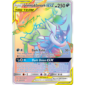 Rare Rainbow Greninja & Zoroark-GX 222/214 Pokemon TCG Sun & Moon Unbroken Bonds